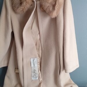 Vintage Forstmann Meri-K Stevens Wool‎ Wrap Coat Faux Fur Collar Beige Cream